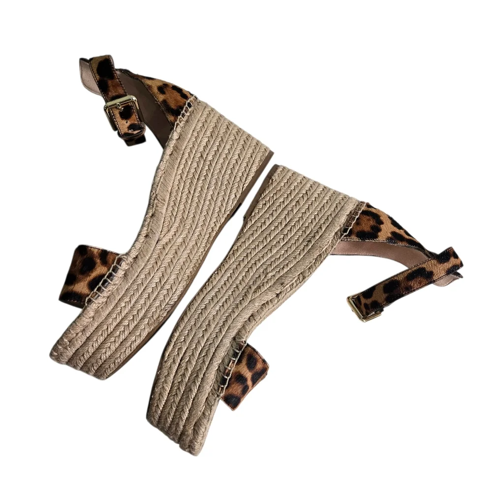 J Crew Espadrille Wedge Sandals Brown Tan Leopard Calf Hair Platform 10